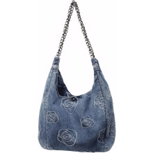 Denim-Hobo-Tasche für Damen, lässige Jeans-Schultertasche mit Blumenmuster, Kettenriemen, Blau