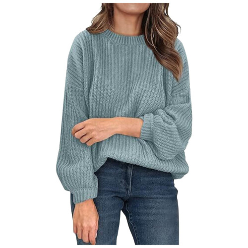 Γυναικείο πράσινο oversized πλεκτό πουλόβερ με ριμπ ύφανση, casual τοπ με μακριά μανίκια