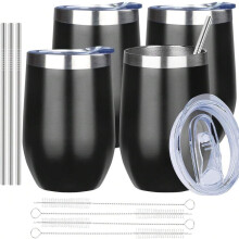Lot de 4 verres à vin isothermes de 35 cl en acier inoxydable avec couvercle et paille – Isolation pour boissons chaudes/froides, parfaits pour la