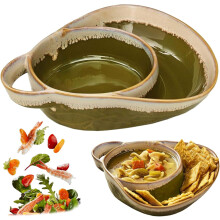 Stoneware Soup & Sandwich Bowl Combo Set – Dual-Compartment Plate with Handle(Army Green 1 PCS)