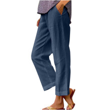 Pantaloni a gamba dritta da donna, pantaloni da donna taglie forti, pantaloni a gamba larga dritti in cotone e lino con elastico in vita, pantaloni