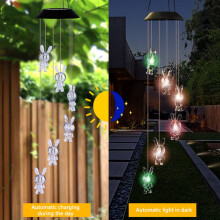 Lanterne LED à carillon éolien solaire avec 6 décorations de lapins, 7 couleurs changeantes, étanche IP65 pour la décoration extérieure de
