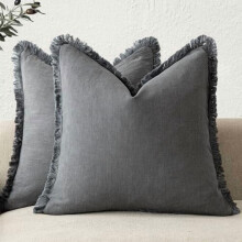 Lot de 2 housses de coussin à franges en lin, 40 x 40 cm, grises, style bohème champêtre, avec pompons, douces et décoratives pour canapé,