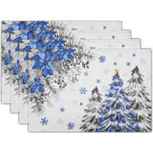 Christmas Placemats Set of 4, Blue-Grey Xmas Trees & Balls, Linen, 12"x18", Stain-Resistant, Winter Poinsettia/Snowflakes Design