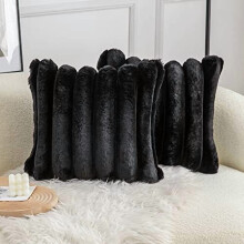 Set di 2 federe decorative a righe in morbida pelliccia sintetica nera, 56x56 cm, in velluto, per divano.