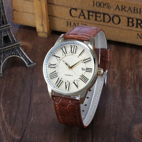 1 Set Orologio da uomo con movimento meccanico automatico e datario in e marrone