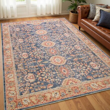 Washable 4x6 Vintage Area Rug, Non-Slip Rubber Backing, Indoor Low-Pile Carpet for Living Room, Kitchen, Bathroom, Entryway, Office, Bedroom – Navy