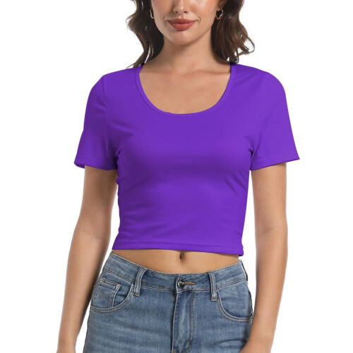Blusas cropped femininas de manga curta com decote redondo e modelagem justa.