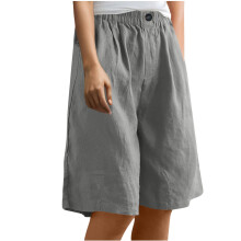 Pantaloncini da donna casual a gamba larga con elastico in vita in cotone e lino, con tasche - Pantaloncini sportivi a vestibilità comoda per