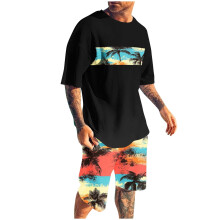 Men's Shorts Sets 2 Piece Outfits Round Neck Printing Sports Slim Elastic Waistband Short Sleeve Round-Neck Blouses