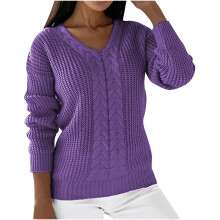 Winterpullover für Damen, einfarbig, V-Ausschnitt, locker geschnitten, lange Ärmel, lässiger Pullover, Bluse, Oberteil, Lila (2025)
