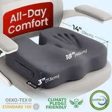 Almofada de assento em espuma viscoelástica para alívio da dor no cóccix, cor cinza.