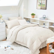 Ivoorwitte Twin XL dekbedset van seersucker, 5-delig, luxe beddengoedset voor alle seizoenen, inclusief dekbed, lakens, kussensloop en sierkussen.