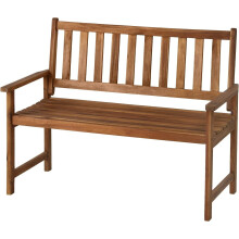 Banco de jardim em madeira de acácia resistente, com apoio de braços, ideal para varandas e áreas externas. Perfeito para relaxar na natureza.