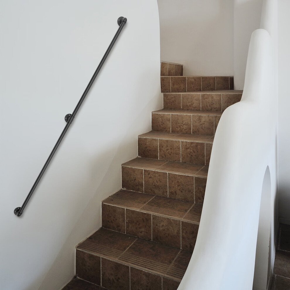 6.6 Ft Wrought Iron Stair Handrail, 2-Section Indoor/Outdoor Galvanized Anti-Slip Grab Bar, Black, Compatible With Standard Mounting 9104899368591