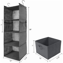 4-Shelf Hanging Closet Organizer, Space Saver, Cloth Hanging Shelves with 2 Side Pockets, Foldable (Grey)