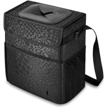 Cute Car Trash Can with Lid – 2-Gallon Collapsible, Leak-Proof, Waterproof Bin with Pockets & Straps, Black Leopard – Compatible with All Cars