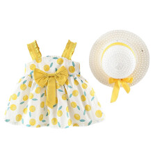 Ärmelloses Prinzessinnenkleid mit Polka-Door-Fruchtmuster und Strohhut, 2-teiliges Set, Sommerkleid mit großer Schleife, Größe 6-12 Monate