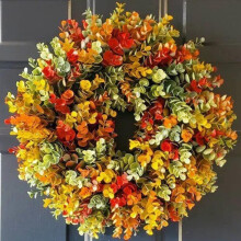 Corona artificial de otoño para puerta principal: decoración rústica de otoño con calabaza, rosas, bayas y hojas, compatible con Halloween,
