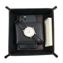 Plateau de rangement de bureau en cuir PU noir - Idéal pour clés, téléphone, portefeuille, bijoux et télécommande.