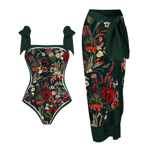 Γυναικεία Μαγιό Vintage Floral Ολόσωμα Μονοκίνι με Δέσιμο στους Ώμους και Ελέγχου της