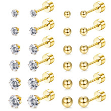 12 Pairs 316L Stainless Steel Earrings 2-7mm Cubic Zirconia Stud Earrings Round Ball Earring for Women Men, Gold