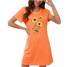 Camicia da notte da donna taglie forti con stampa girasoli, scollo rotondo, maniche corte, in morbida seta di latte a doppia spazzolatura, taglie