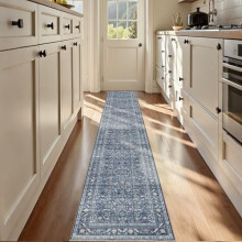 Tapis de couloir bleu vintage 60 x 365 cm, lavable, antidérapant, en fausse laine à poils courts, doux, bleu marine vieilli, pour cuisine, couloir,