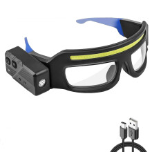 LED-Schutzbrille mit Dual-Beam- und Bewegungssensor. USB-C-Anschluss und Clip-Befestigung für freihändiges Angeln, Laufen und Reparieren.