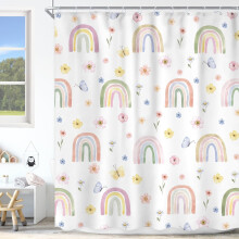 Cortina de ducha Boho Rainbow de 72x72 pulgadas, diseño de mariposas florales en acuarela de dibujos animados para niñas – Compatible con