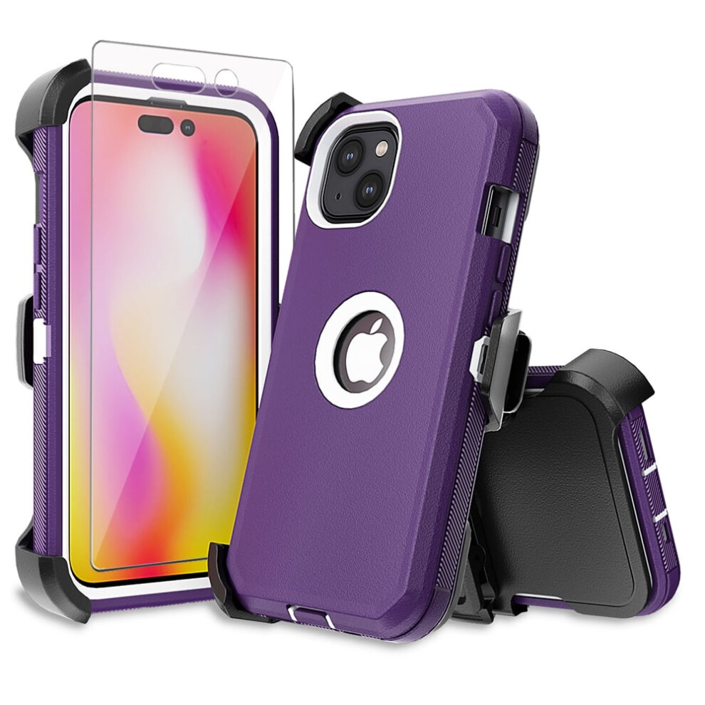 Xhy Compatible With Iphone 14 Case W/ Belt Clip, Holster, Screen Protector Â Military-Grade Shockproof Armor, Detachable, + Purple/White 9448990444236