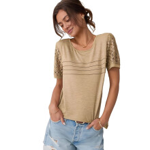 Damen-Tunika-Top mit Rundhalsausschnitt, Strick, Lochmuster, Khaki, Größe S