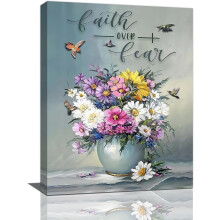 Veggkunst på lerret med blomstermotiver og kolibri, 30x40 cm