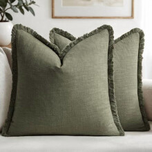 Housses de coussin en lin neutre, 61 x 61 cm, vert olive, style bohème champêtre, lot de 2 – Compatibles avec les coussins standards