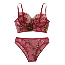 Conjunto de lingerie feminina Follure com bordado floral, em tule transparente, composto por sutiã e calcinha de renda (2 peças), vermelho.