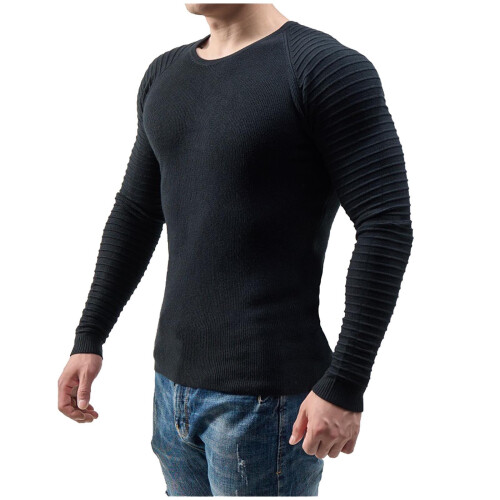 Mens Pullover Shirts Long Sleeve Solid Round Neck Pullover Sweater Slim Fit Bottoming Knit Top,Black