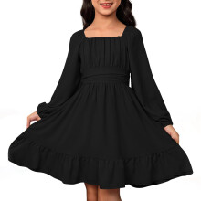 Mädchenkleid, einfarbig, langärmelig, eckiger Ausschnitt, rückenfrei, A-Linie