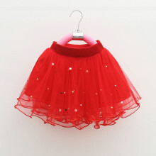 Sciorta Mini Tutu do Chailíní Óga, Damhsa Cóisire Gleoite, Splice, Sciorta Tulle Dath Soladach, Snáth Glan, Seicíní Péarla Crimping, Dearg