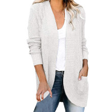 Dametopper Cardigan for kvinner Cardigangensere for kvinner Ensfarget buet knappestolpe Genser med store lommer Cardiganjakke Hvit