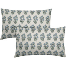 Blau-grüne Lendenkissenbezüge mit floralem Blockdruck, 12 x 20 Zoll, 2er-Set, Chinoiserie-Design, für Outdoor- und Landhausstil, kompatibel mit