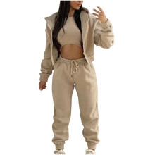 Conjunto de moletom feminino de 3 peças para o inverno, composto por blusa de moletom com capuz, calça e colete, na cor cáqui.
