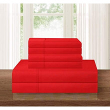 Luxury 6-Piece Microfiber Bedding Set, Wrinkle & Fade Resistant, Deep Pocket Fitted Sheet, Queen, Red, Compatible with Hotel Standards