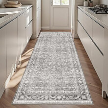 Vintage Grey 3x6 Runner Rug, Washable Non-Slip Low-Pile Faux Wool, Soft Distressed Gray Floor Mat for Kitchen, Hallway, Entryway – Compatible with