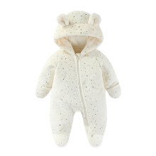Macacão infantil com capuz e zíper, quentinho e macio – Branco, 3-6 meses, ideal para o outono/inverno.