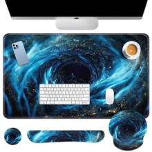 Juego de teclado y alfombrilla para ratón Galaxy azul y negro (90 x 40 cm) + reposamuñecas + posavasos, alfombrilla de escritorio ergonómica 4 en