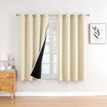 100% Blackout Curtains 52x63", Light Beige, 2-Panel Grommet Set with Black Liner, Thermal Insulated, Compatible with Standard Rods