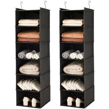 6 Tier Shelf Hanging Closet Organizer, Closet Hanging Shelf with 2 Sturdy Hooks for Storage, 2 Pack, Foldable (Black)