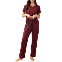 Set de pijamale pentru femei, casual, cu decolteu în V, mânecă scurtă și pantaloni cu șnur | S-XL | Pijama de casă din nailon și spandex