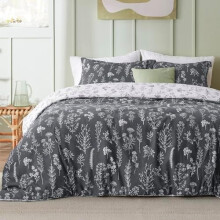 Queen Duvet Cover Set, Reversible Dark Grey Floral, 3-Pc with Zipper, 8 Corner Ties & 2 Shams