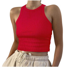 Ärmelloses, geripptes Tanktop für Damen, Rundhalsausschnitt, Träger aus floraler Spitze, Polyester, atmungsaktiv – geeignet für warmes